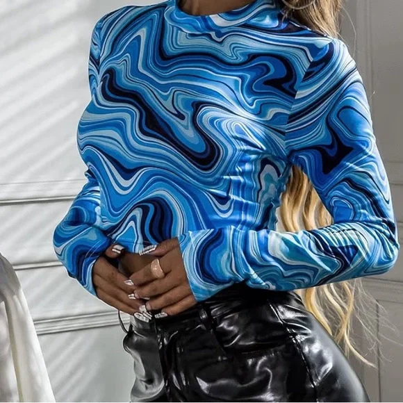 Avidlove Mesh Top Y2K Mesh Crop Top Blue Swirl Mesh Crop Top Sz L Women - Picture 2 of 3